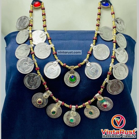 Multi-Strand Coins Necklace, Vintage Coins Necklace With Beaded Chain - Picture 1 of 9